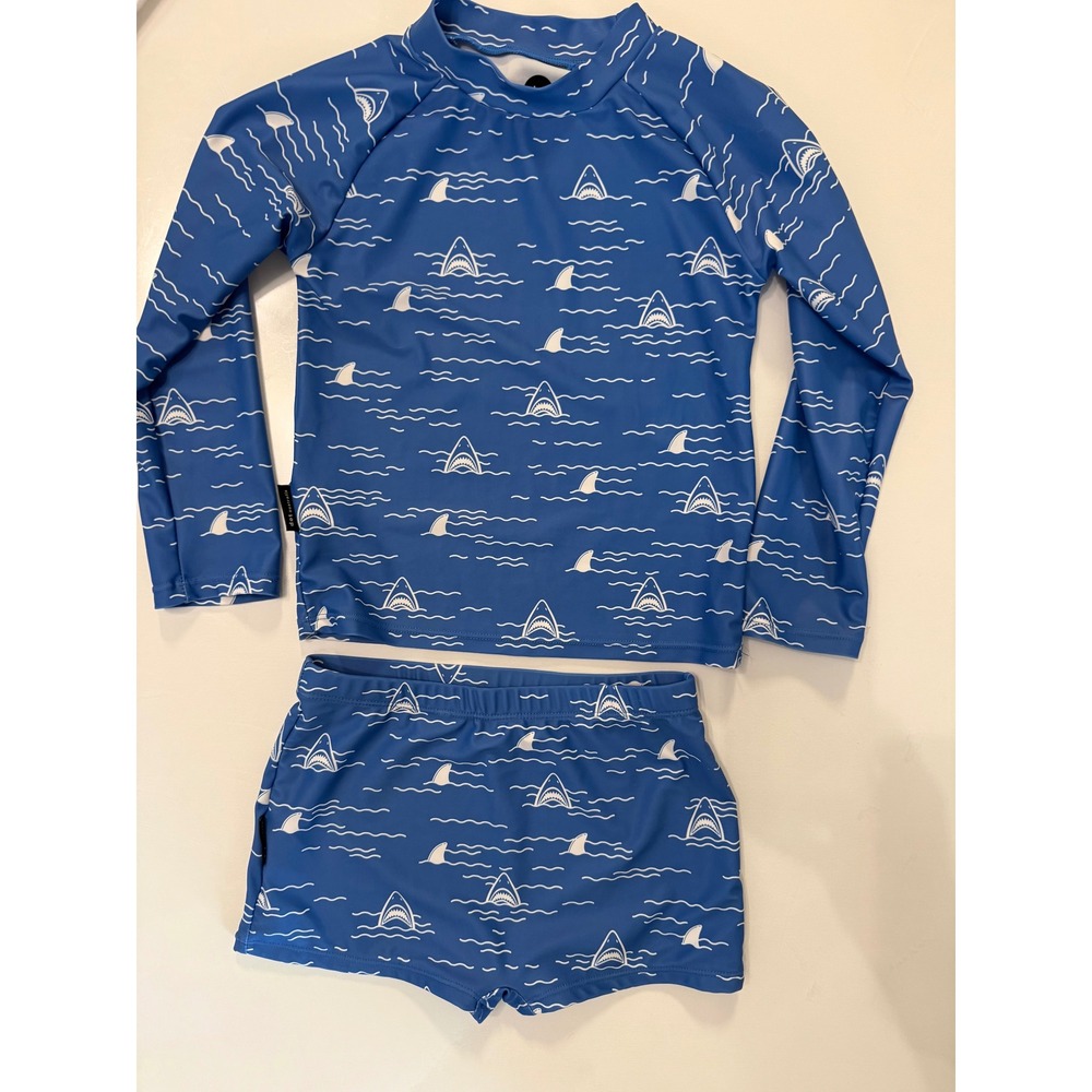 Dot Australia Kids Blue Shark Print Rash Guard and Swim Trunks Set Size 6